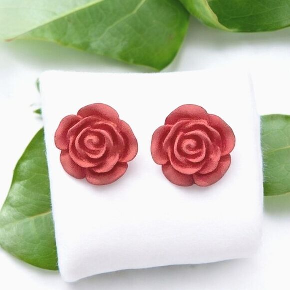 Small Rose Earrings Pink Pierced Ear Stud Post Women's Jewelry Gift Romantic NEW - Picture 7 of 7